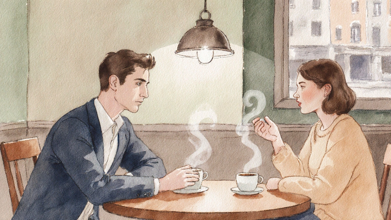 A gentleman and a friend sharing coffee at a café, with the gentleman listening attentively.