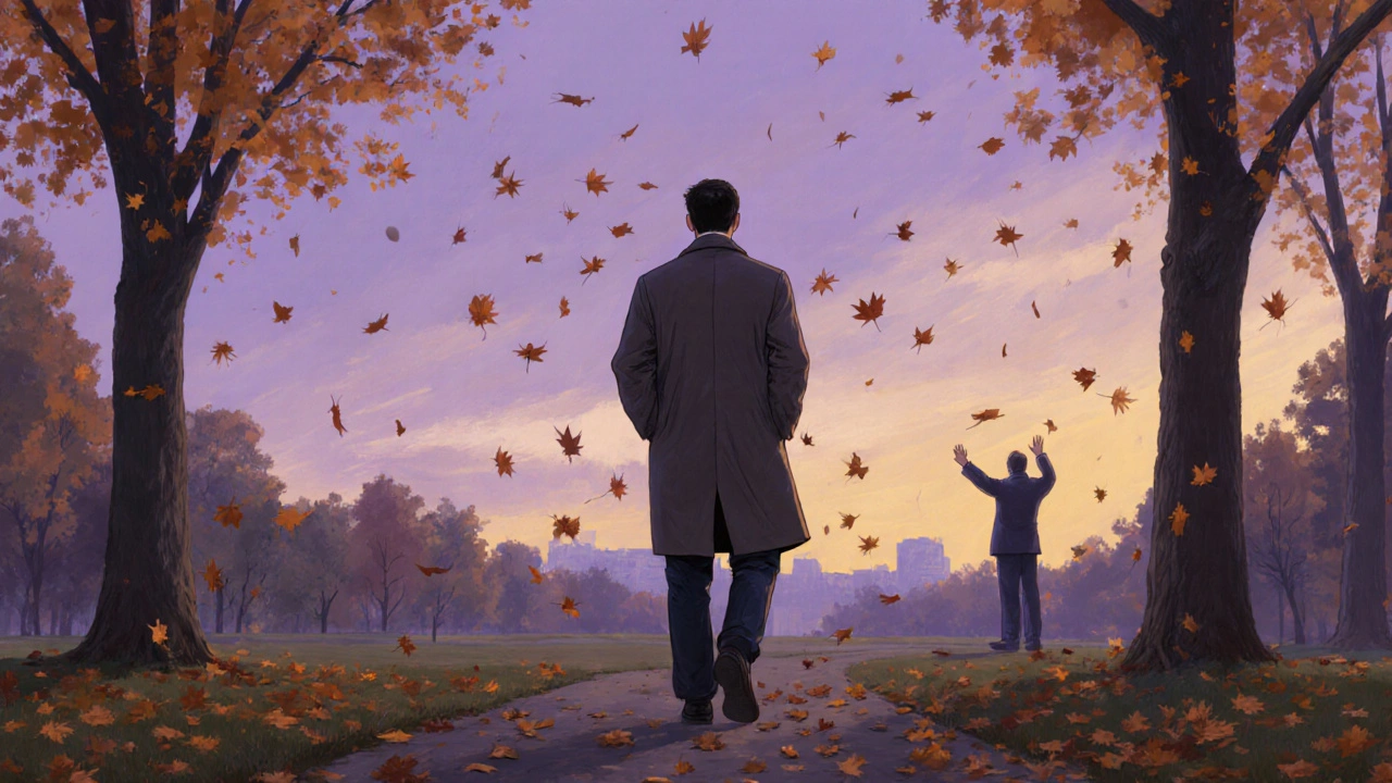 A man walking away from a waving figure at dusk in a quiet autumn park.