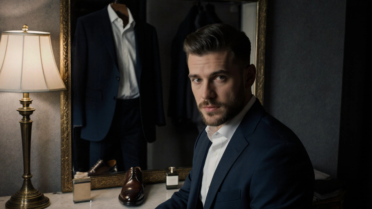 Close‑up portrait of a well‑groomed man at a dressing table with classic navy blazer and shoes visible.