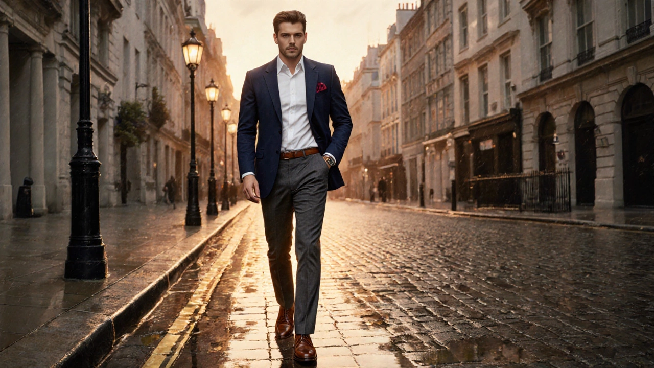 Confident gentleman walking city street in classic outfit with subtle accessories.