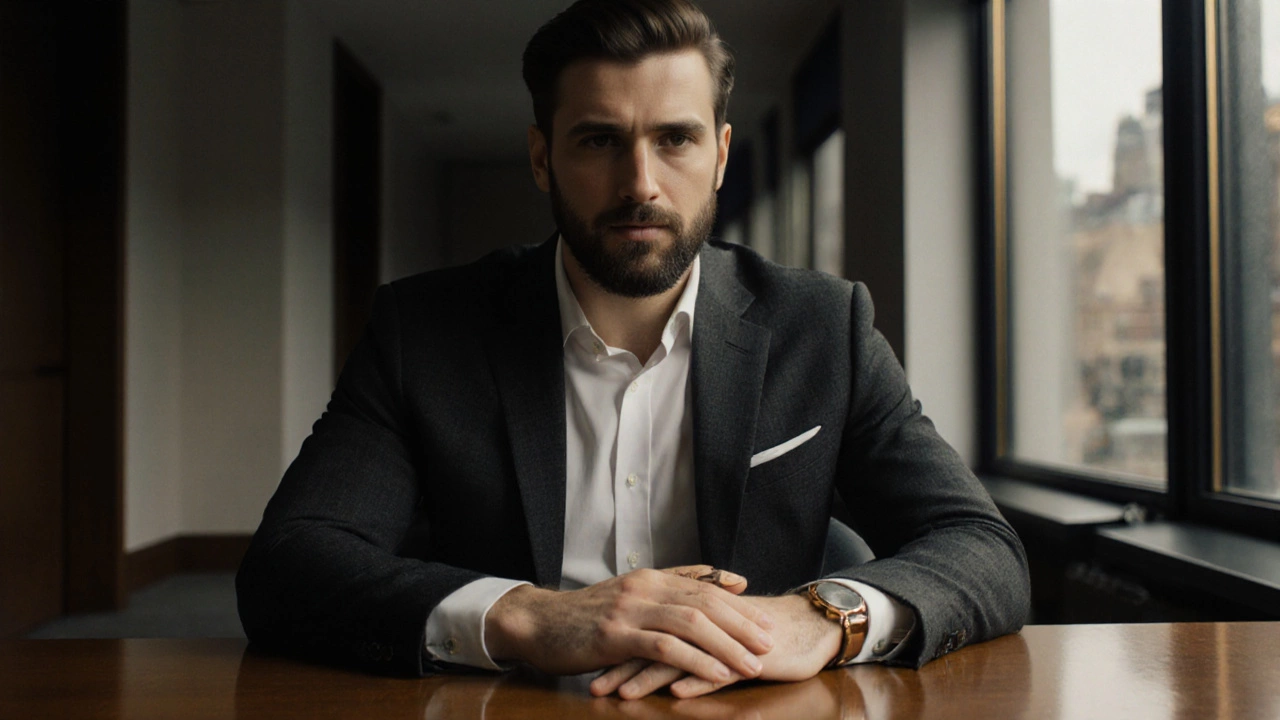 Confident gentleman with groomed beard, neat nails, and subtle fragrance in a suit.