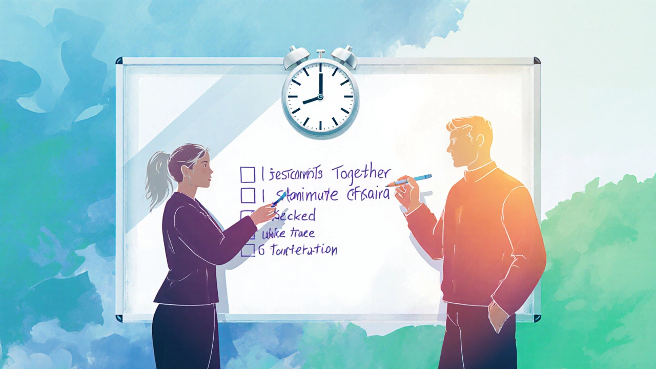 Couple writing together on a whiteboard with I‑statements, bright sunrise colors.