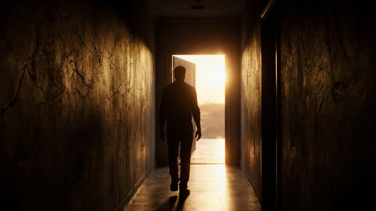 Figure walks toward a bright sunrise through a dark hallway, symbolizing leaving.