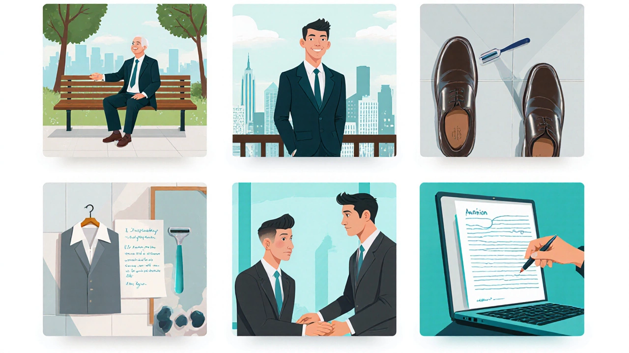Flat‑design collage depicting six gentleman traits: chivalry, confidence, style, grooming, emotional intelligence, ambition.
