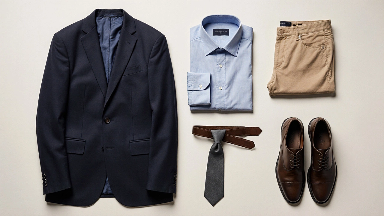 Flat lay of blazer, chinos, shirt, shoes, belt, pocket square and tie.