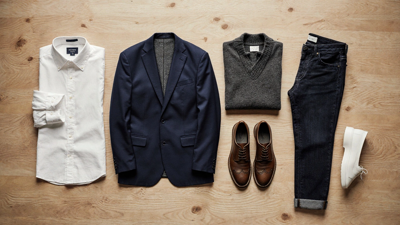 Flat lay of essential men's wardrobe pieces on a wooden surface.