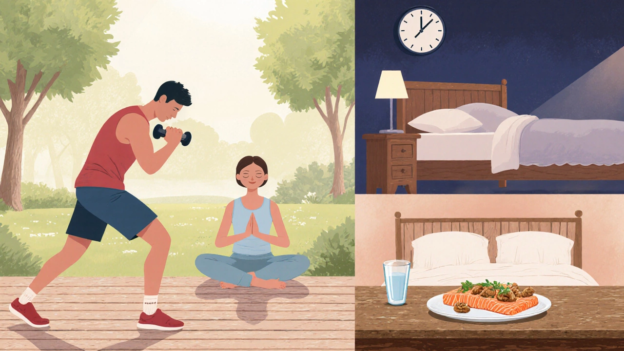 Four scenes showing exercise, meditation, sleep, and nutritious food.
