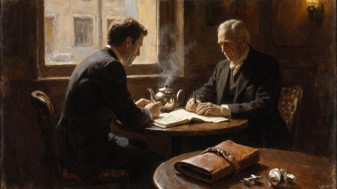 Gentleman and mentor sharing tea at a café table with journal and cufflink signifying progress.