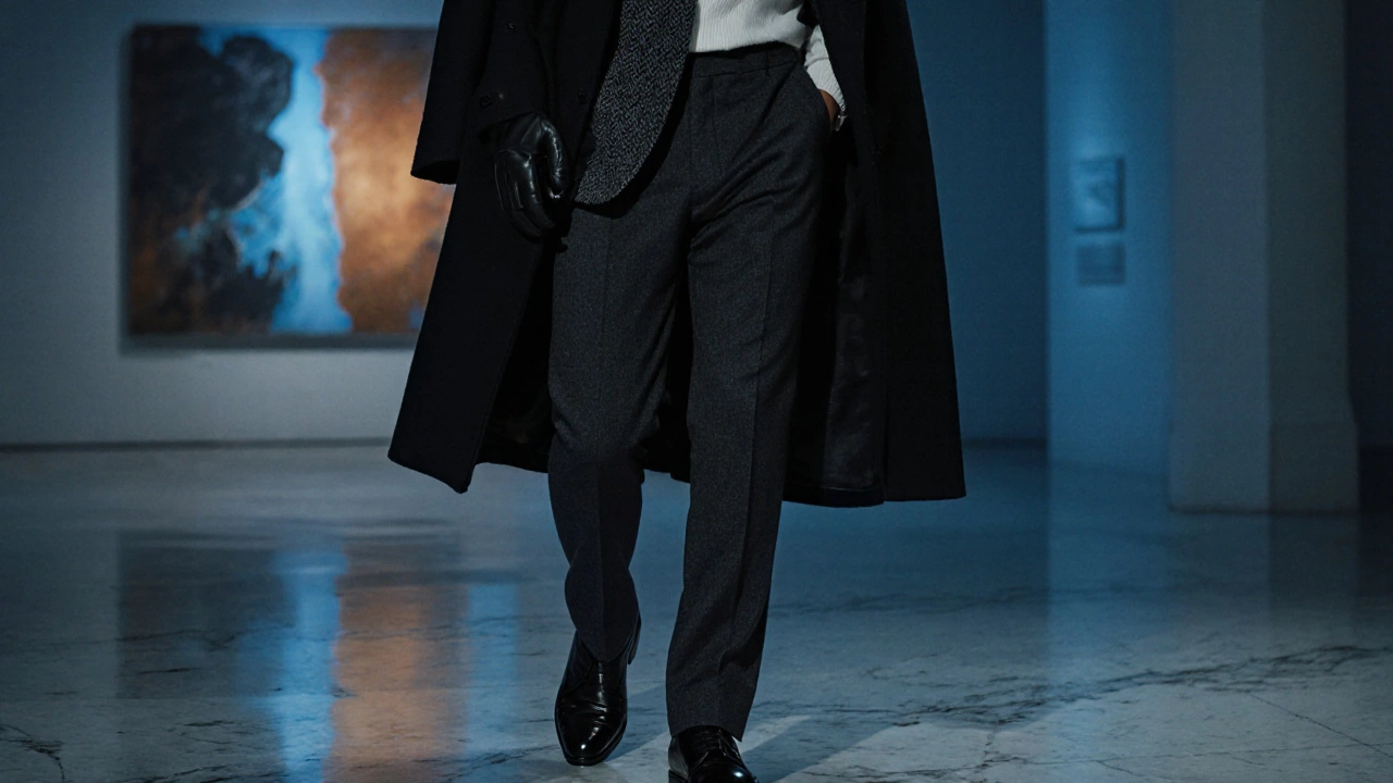 Gentleman in wool coat, scarf, gloves and polished shoes at a gallery.
