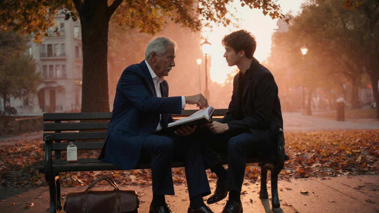 Gentleman mentoring a younger adult on a park bench during golden hour.