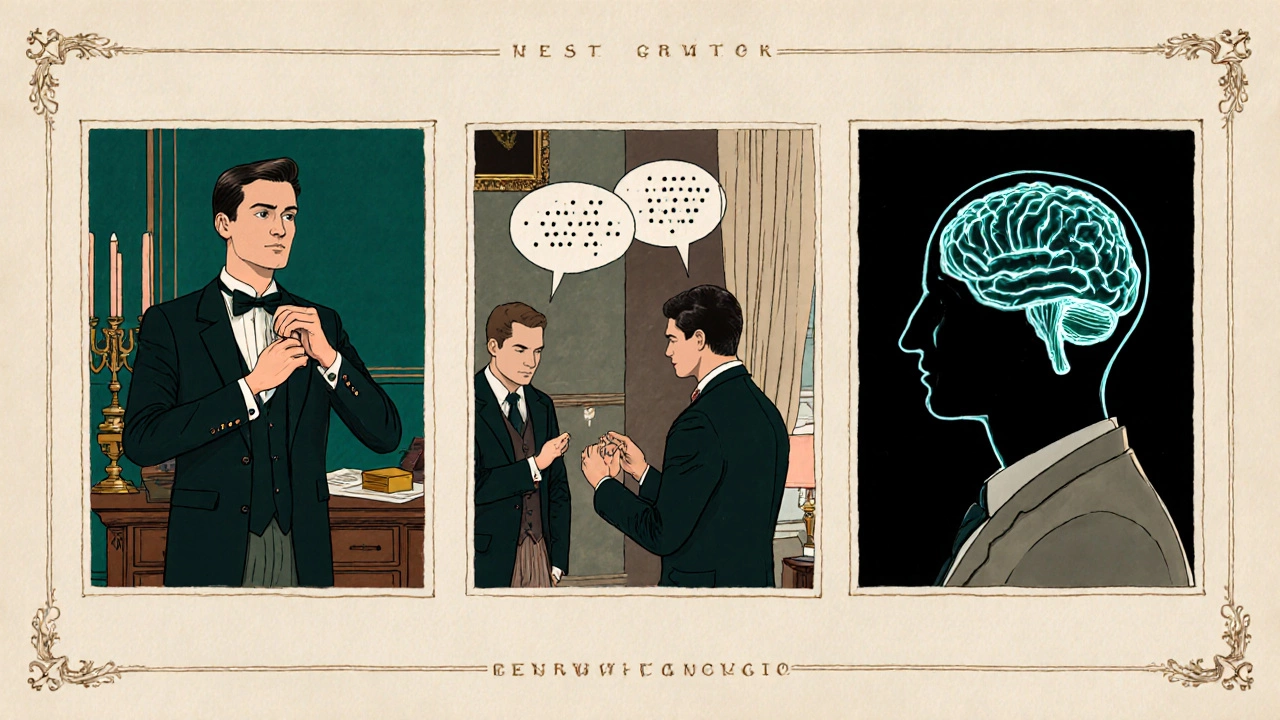Illustrated panels showing a man knotting cufflinks, receiving feedback, and a glowing brain.