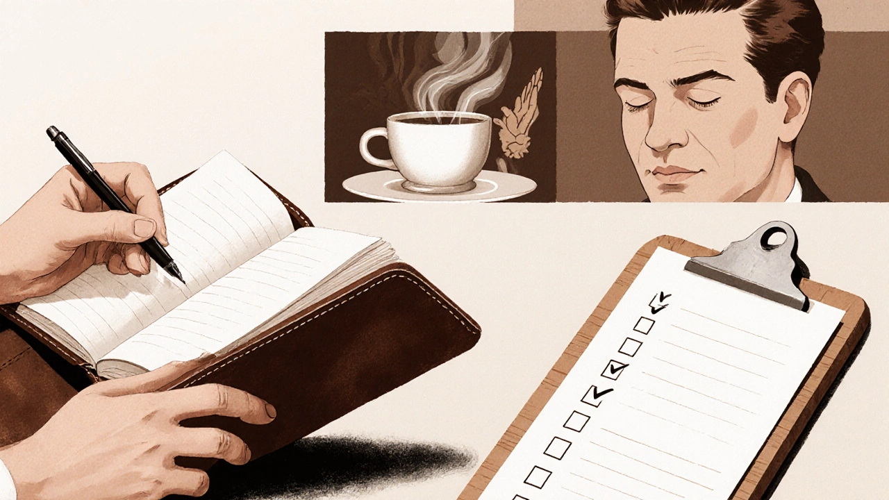 Illustration of journaling, breathing, visualization, and micro‑goal checklist in warm tones.