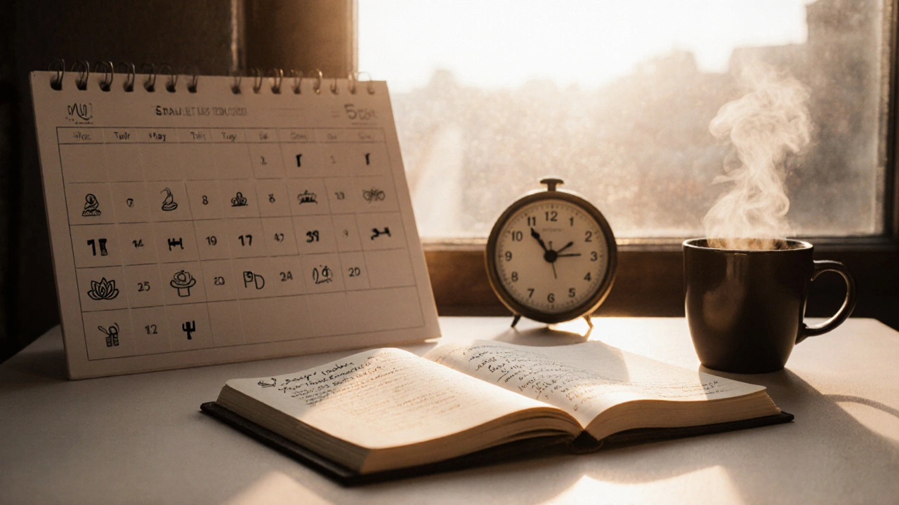 Journal, calendar, coffee, and sunrise symbolize a 30‑day resilience plan.