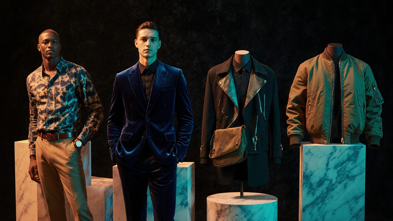 Line‑up of signature clothing items from five top men’s online retailers.