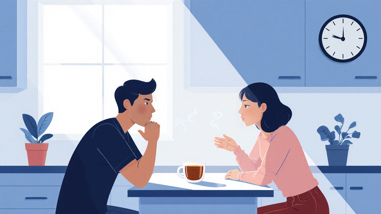 Man attentively listening to woman at kitchen island, soft natural light, hint of clock.