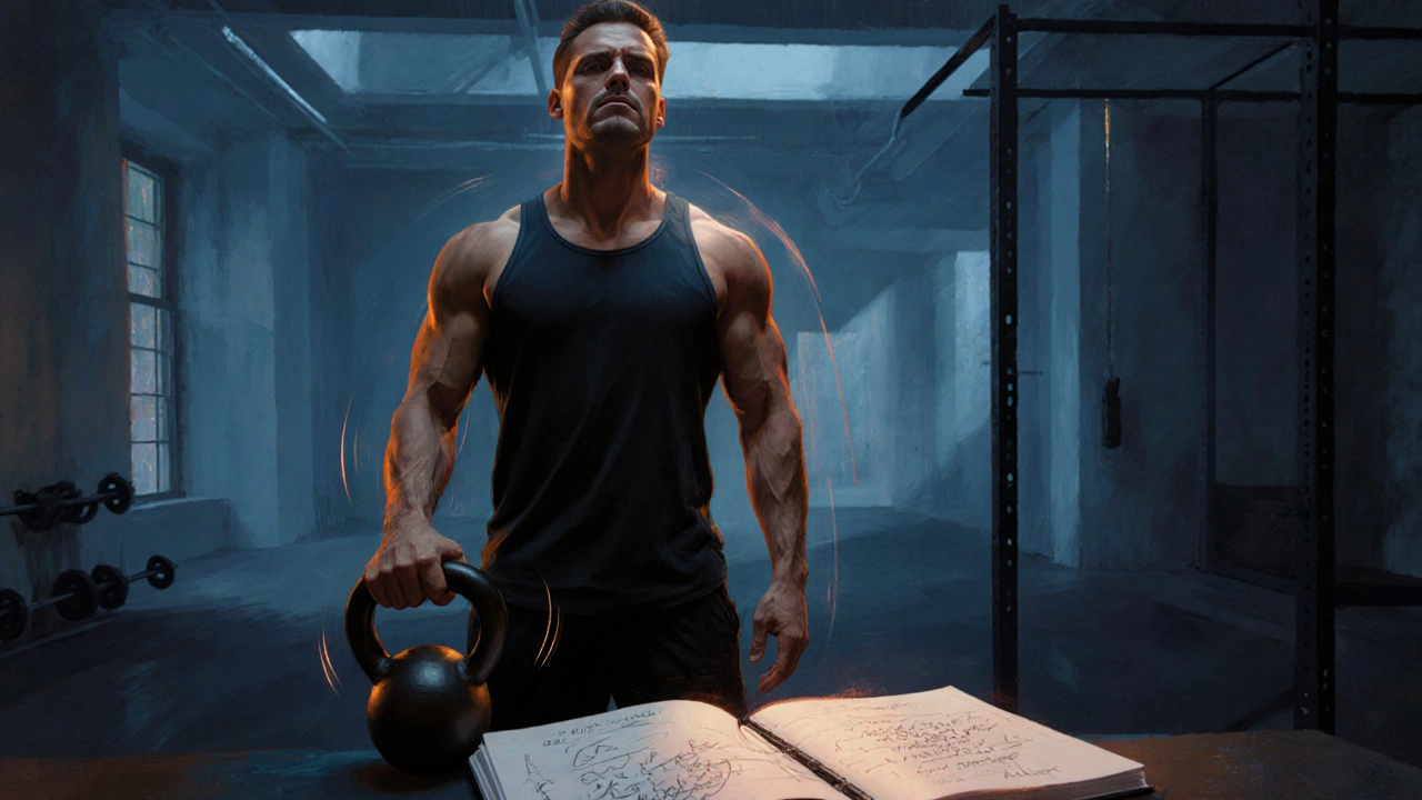 Man doing breathwork while holding a kettlebell and a journal nearby.