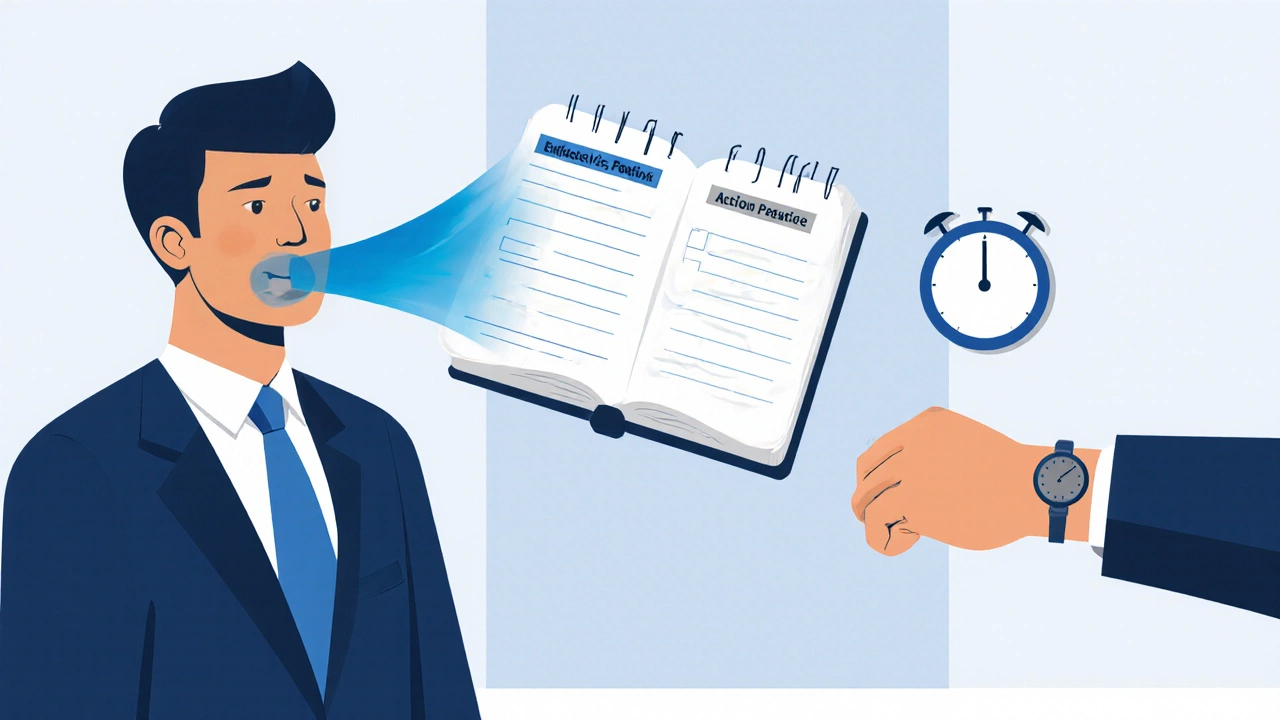 Man in a minimalist office practicing breathing, holding a blank notebook for CBT, with a timer icon.