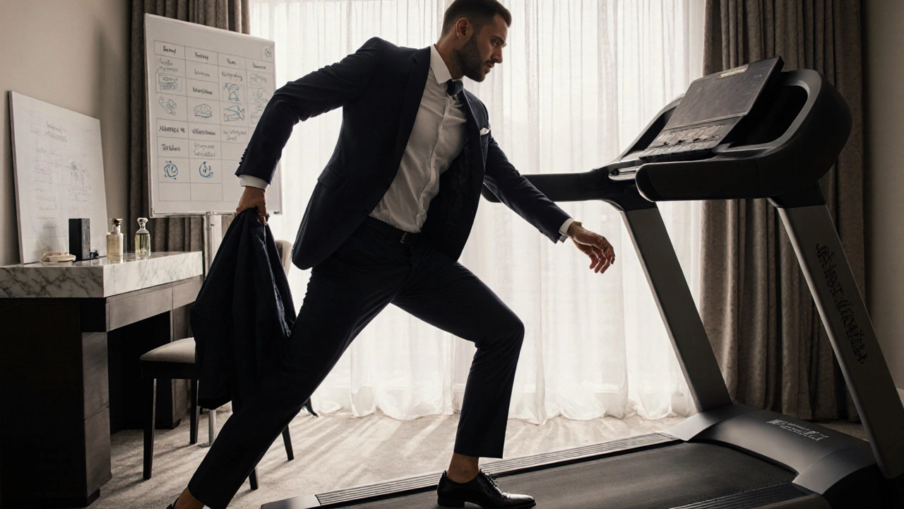 Man in suit after morning routine, with treadmill, grooming set and abstract weekly audit board.