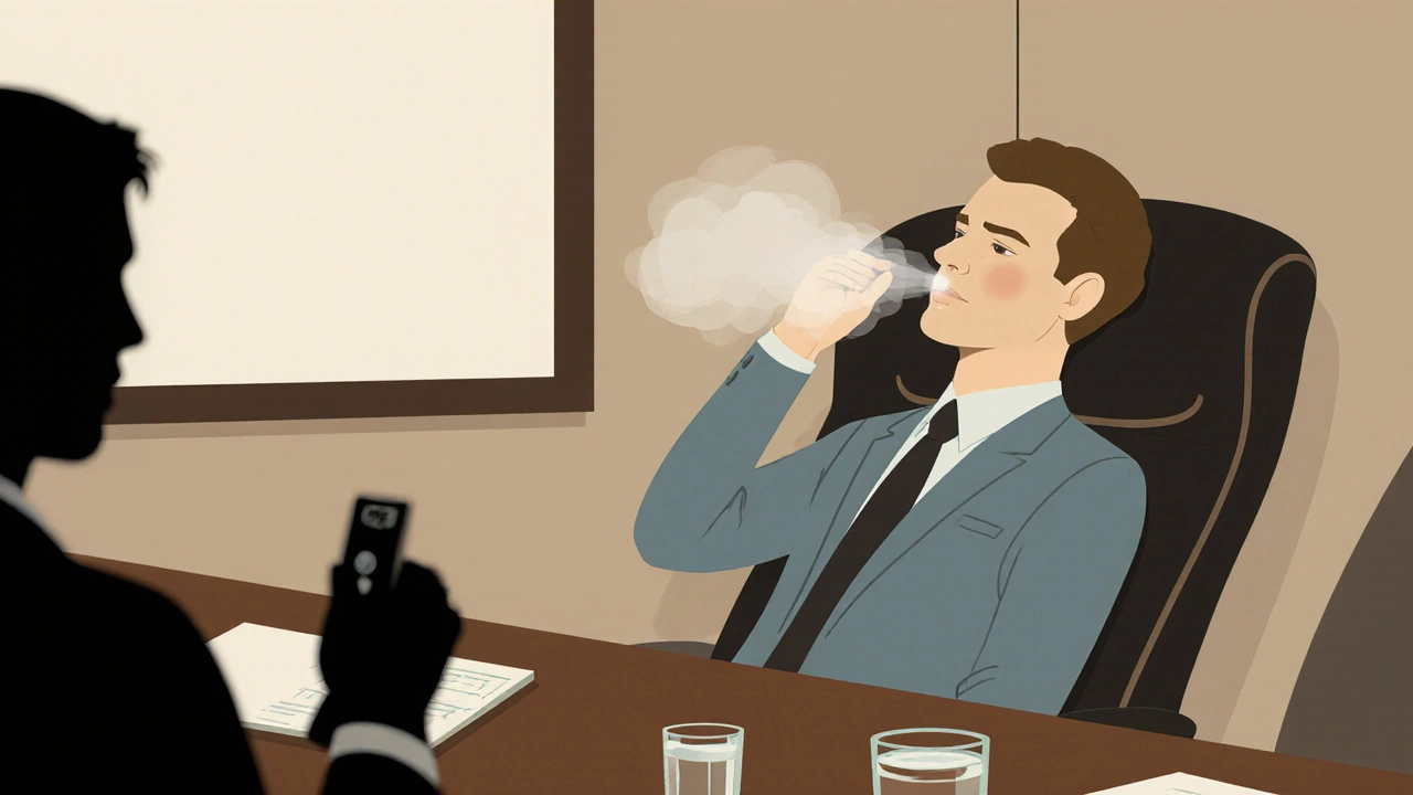 Man quietly practicing breathing and stretching in a boardroom during a meeting.