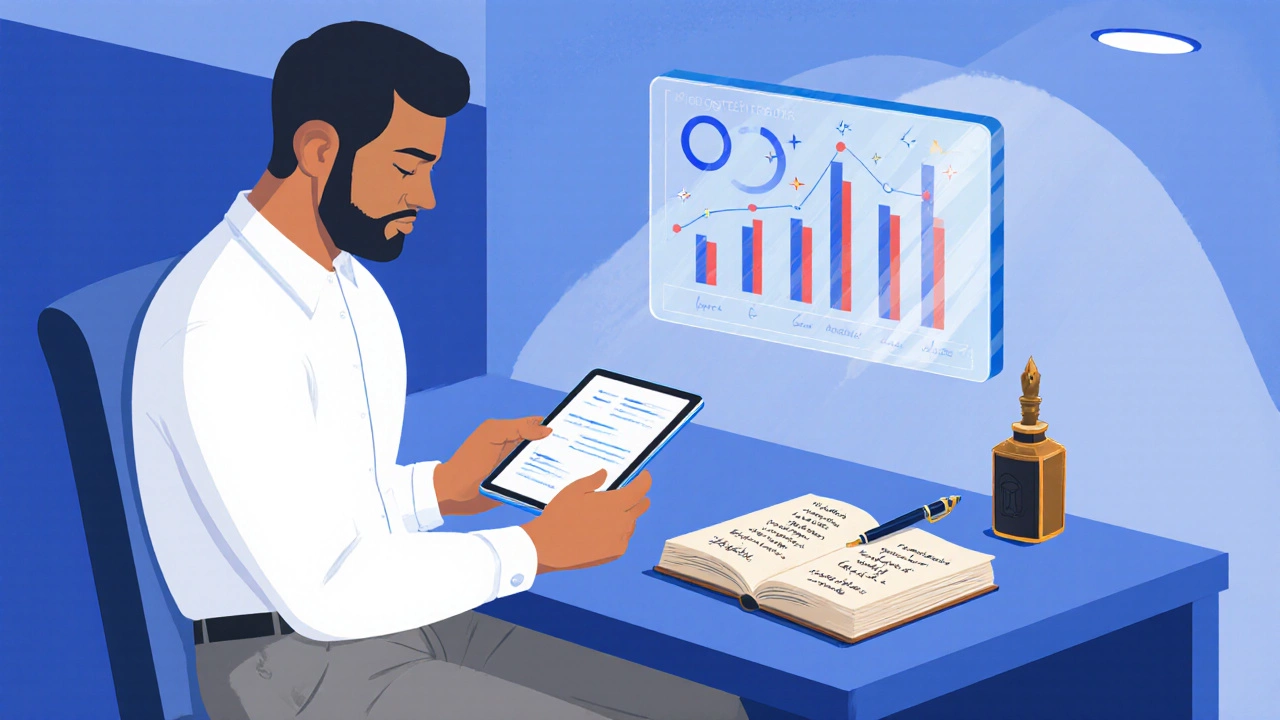 Man reviews progress on a digital tracker while journaling at a modern desk.