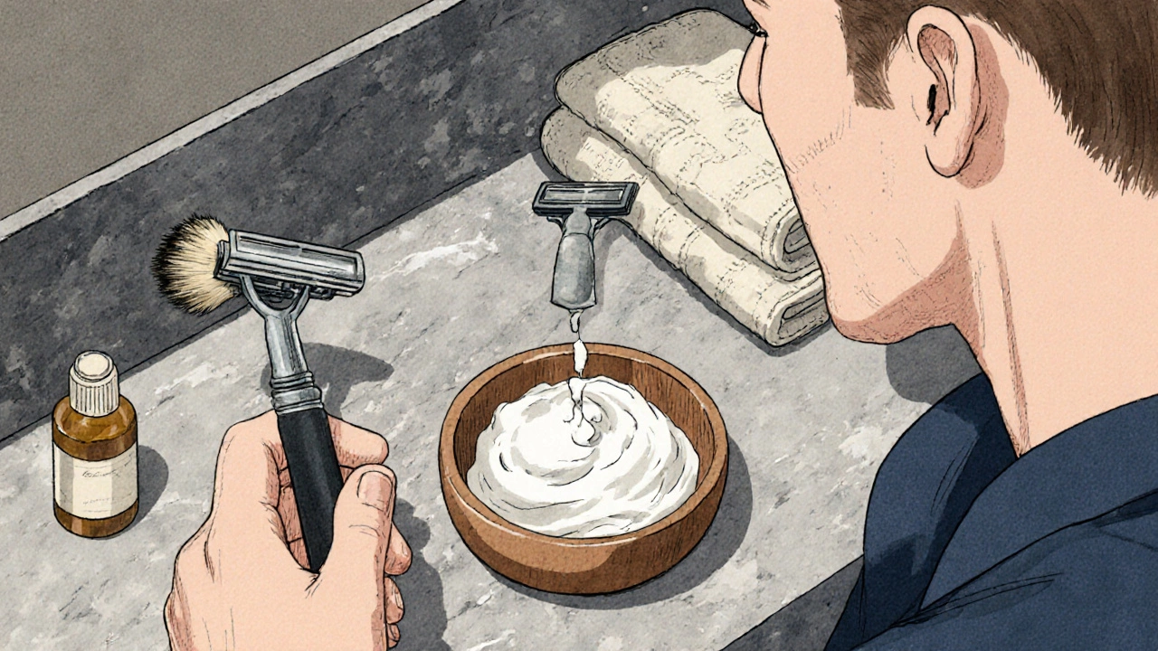 Man using a double‑edge safety razor and brush, applying shaving cream.