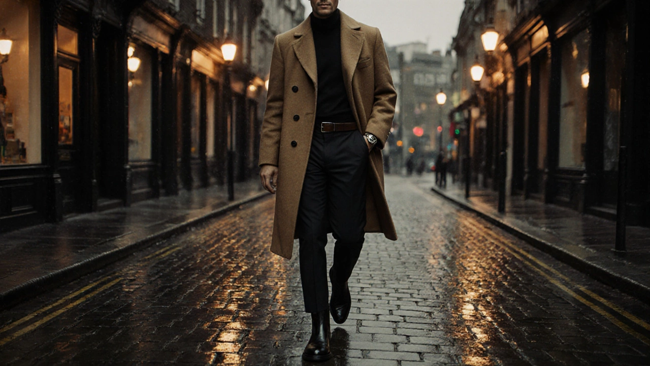 Man walking at dusk in a camel overcoat and Chelsea boots, street lights glowing.