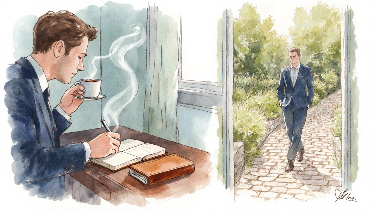 Man writes reflections after coffee, then walks outside in morning light.