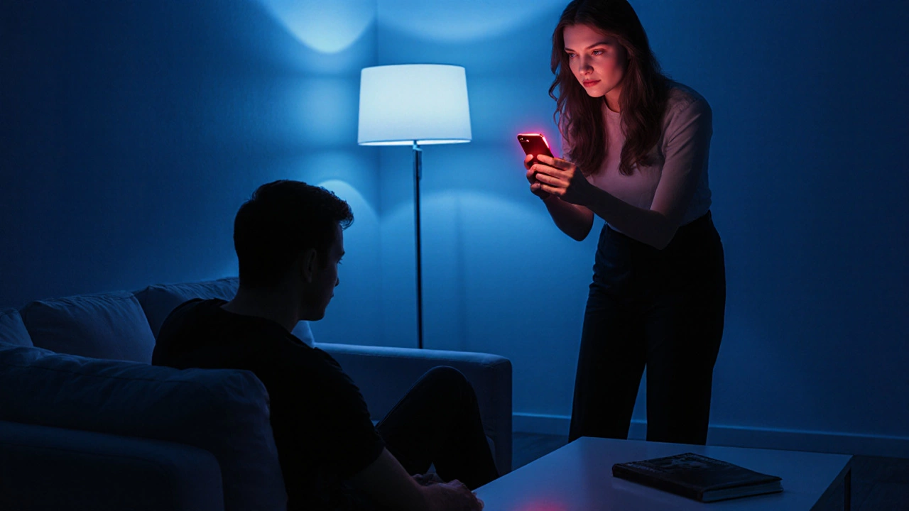 Partner secretly looks at another's phone in a dimly lit living room.