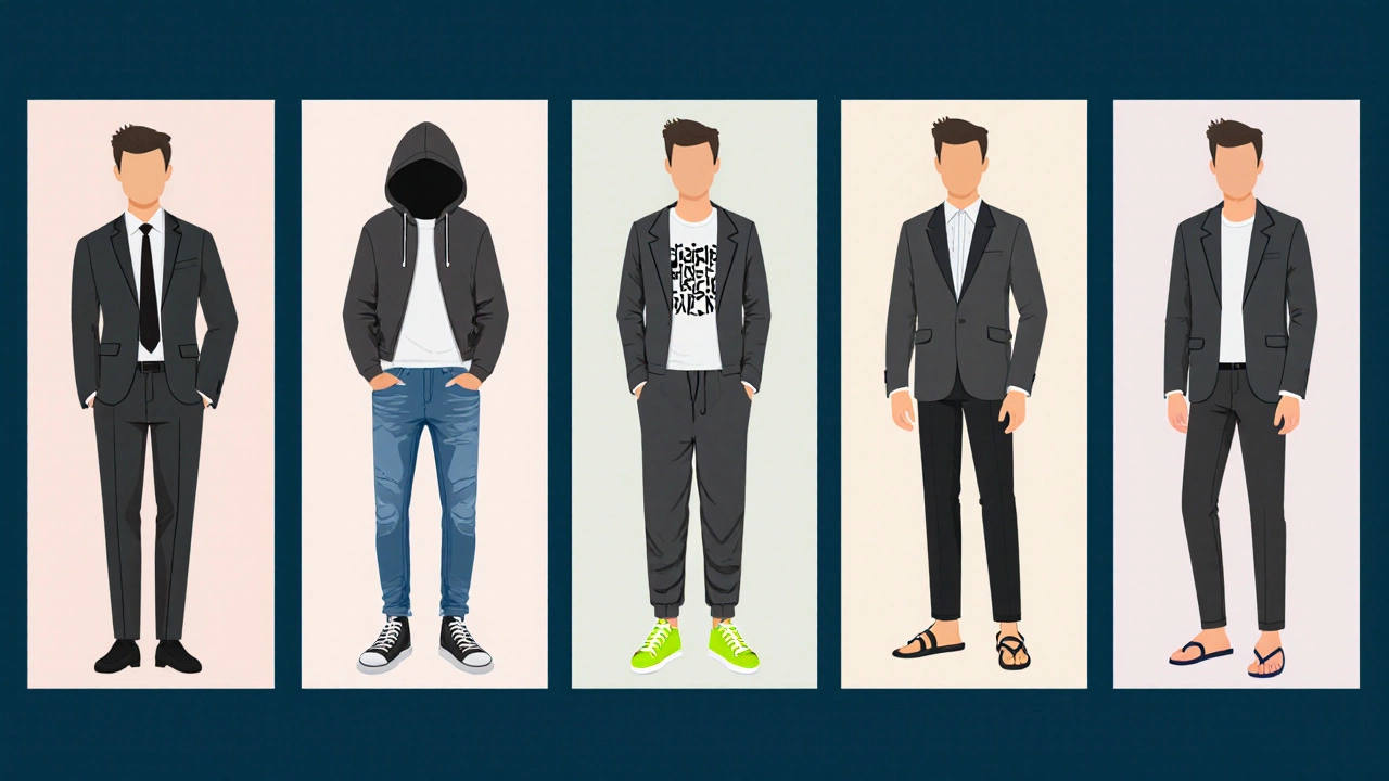 Series of illustrations showing common smart‑casual mistakes like formal jackets, hoodies, ill‑fitting blazers, neon shoes, and flip‑flops.