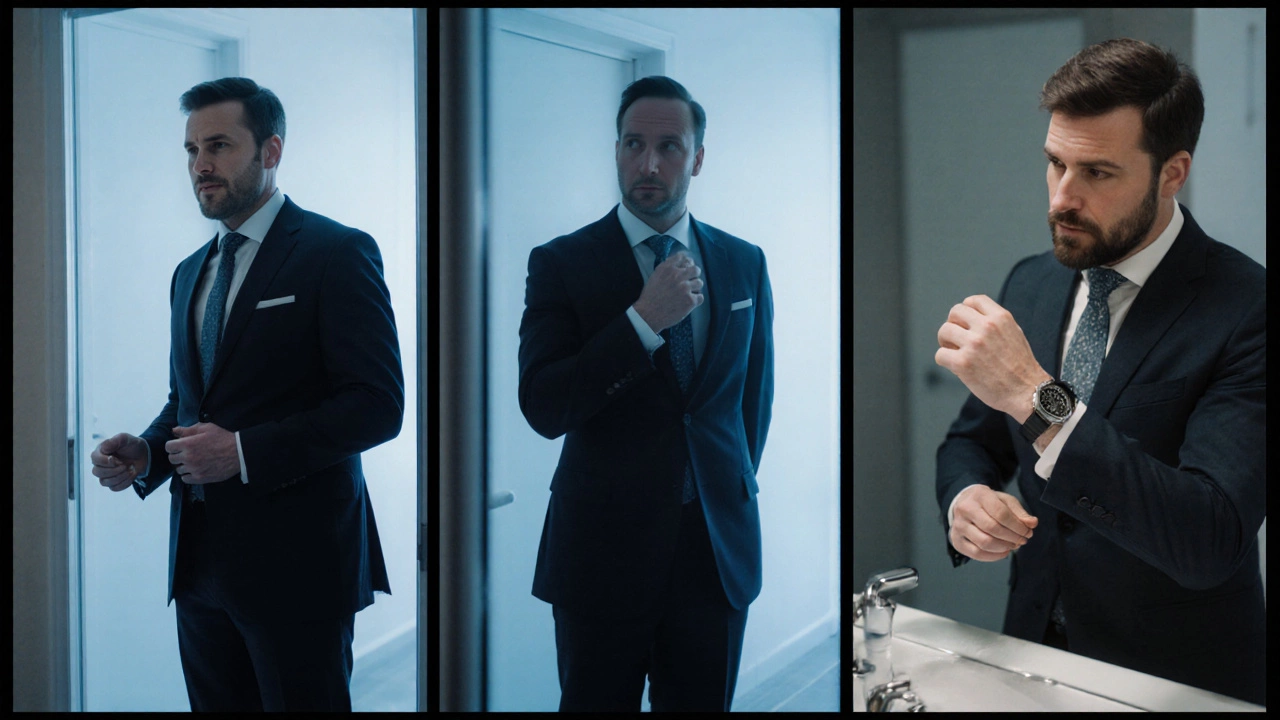Storyboard of a gentleman giving a compliment, adjusting posture, and performing a grooming routine.