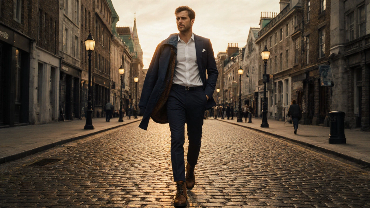 Stylishly dressed man walking on a London street at golden hour.