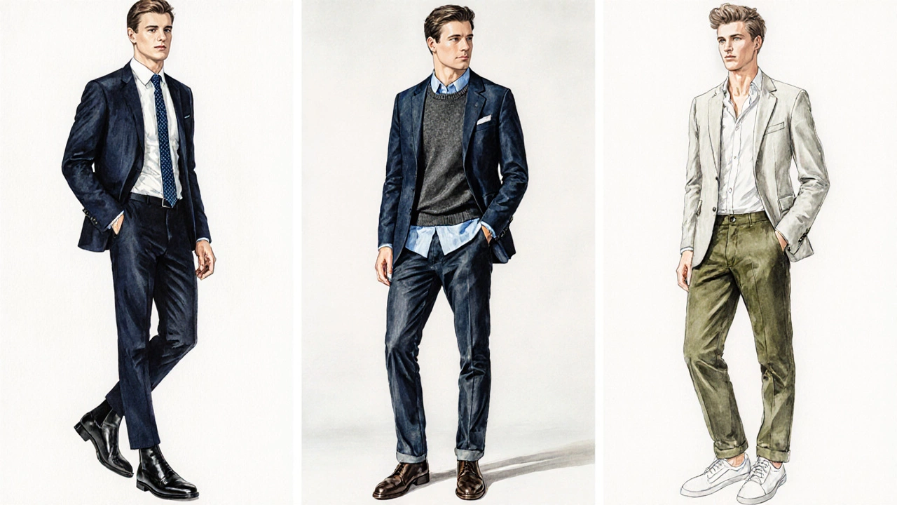 Three outfit variations: classic suit, smart‑casual, and linen blazer look.