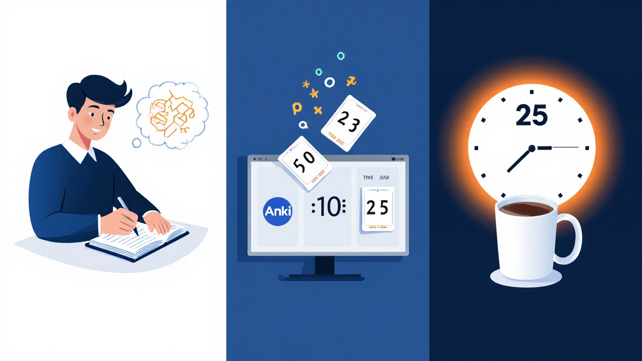 Three‑panel illustration showing active recall, spaced repetition flashcards, and a Pomodoro timer.