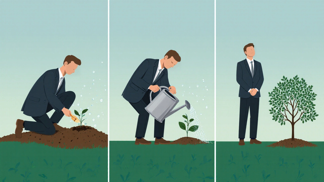 Three scenes: a man plants a seed, waters it, and a tree grows, symbolizing trust.