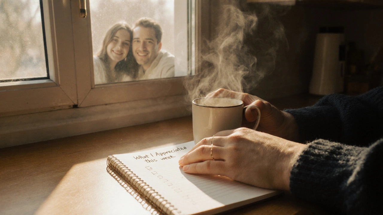 Two hands beside a notebook and coffee mug, writing down weekly appreciations.