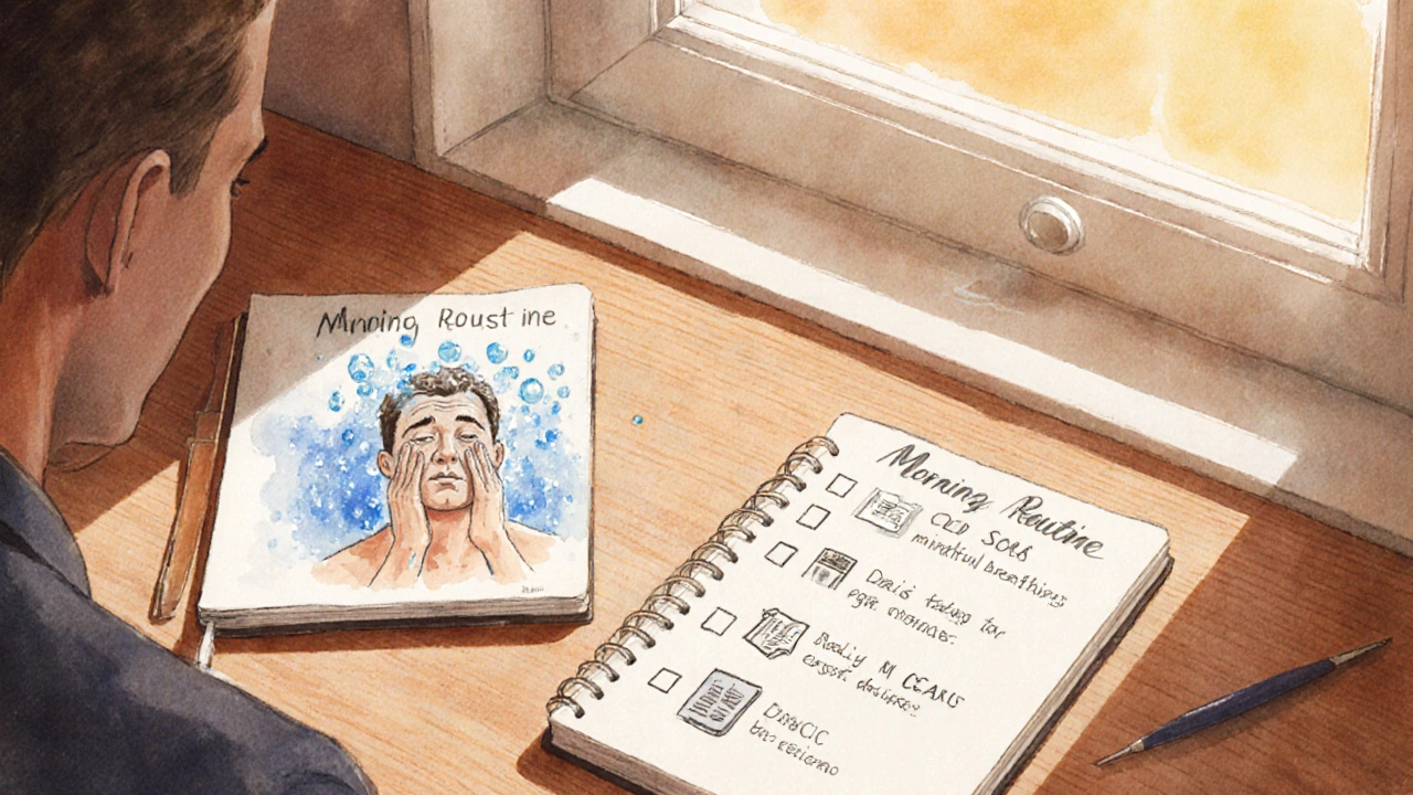 Watercolor scene of a man performing his morning routine with cold water splash and journal.