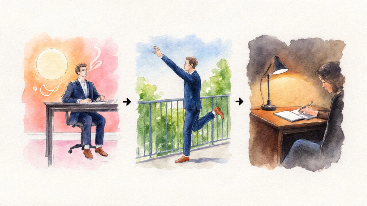 Watercolor timeline of a man breathing at sunrise, stretching at midday, and journaling by lamp.