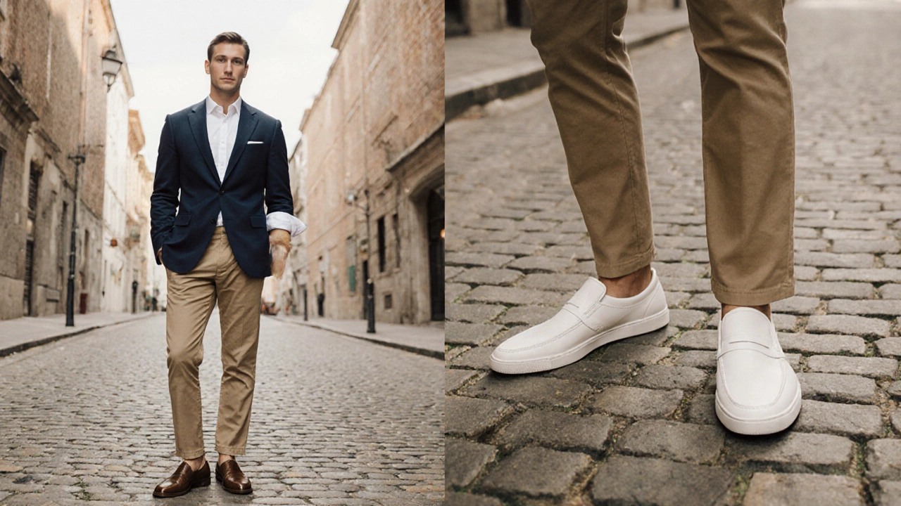 Well‑dressed man wearing a navy blazer, khaki chinos, white shirt and leather loafers, embodying a polished smart‑casual look.