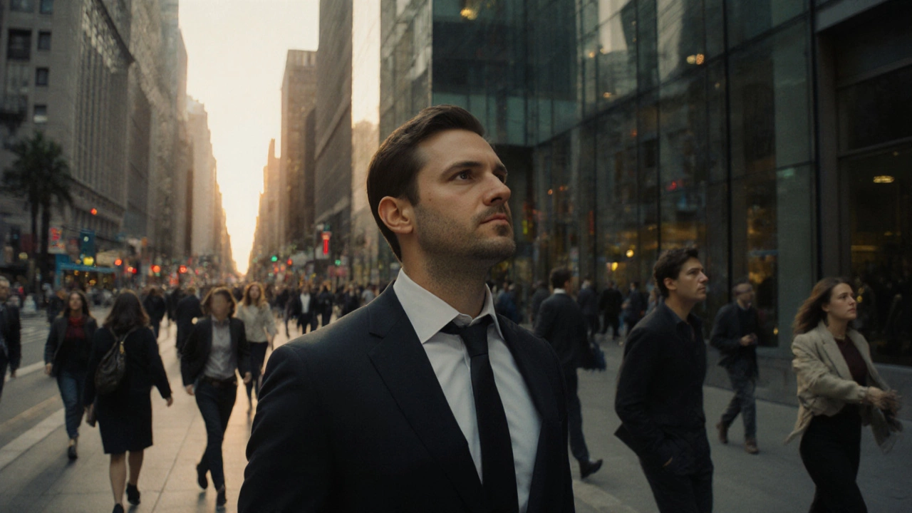 A calm man standing still in a busy city street while others rush past.