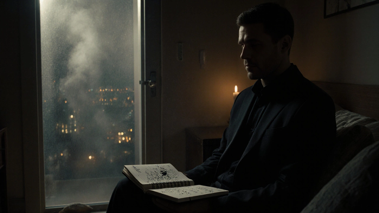 A man in silent evening reflection, journal open, no screens, candlelight glowing softly.