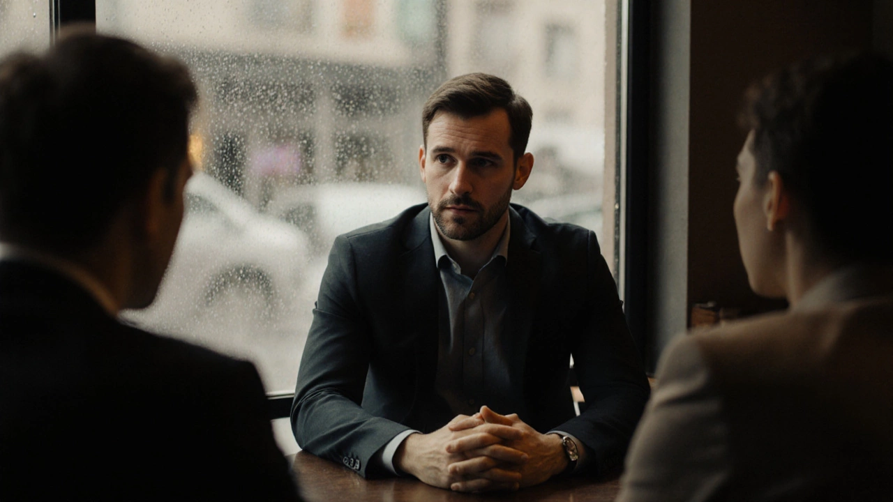 A man listening attentively in a café, embodying quiet social and emotional strength.