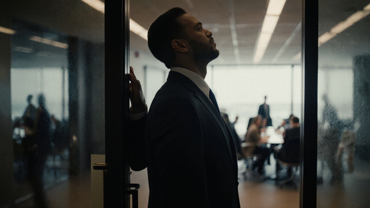 A man pausing before entering a meeting, eyes closed, breathing deeply as tension leaves his shoulders.