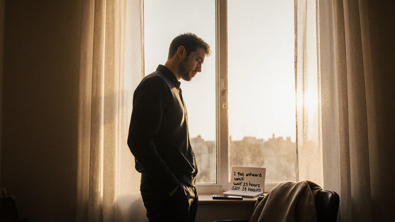 A man reflecting by a window at dawn, phone face down, notebook with thoughtful notes nearby.