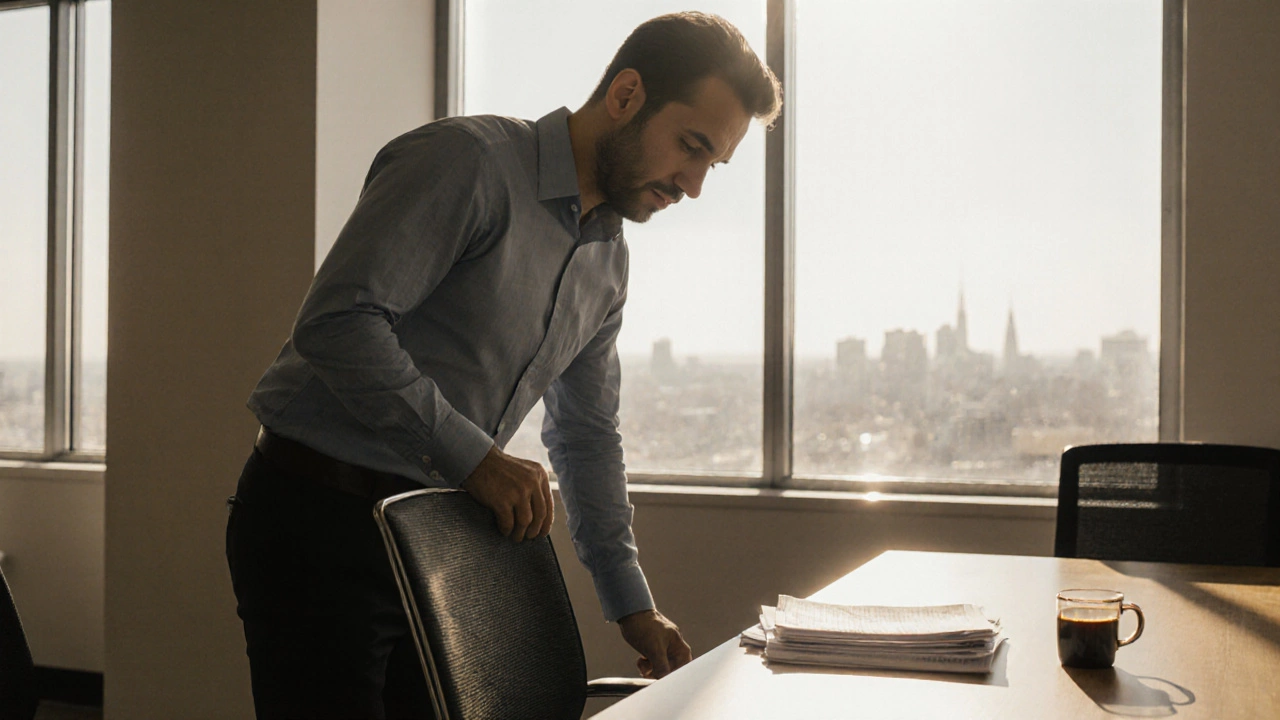 A man returning a chair to its place in an empty office, calm and deliberate.
