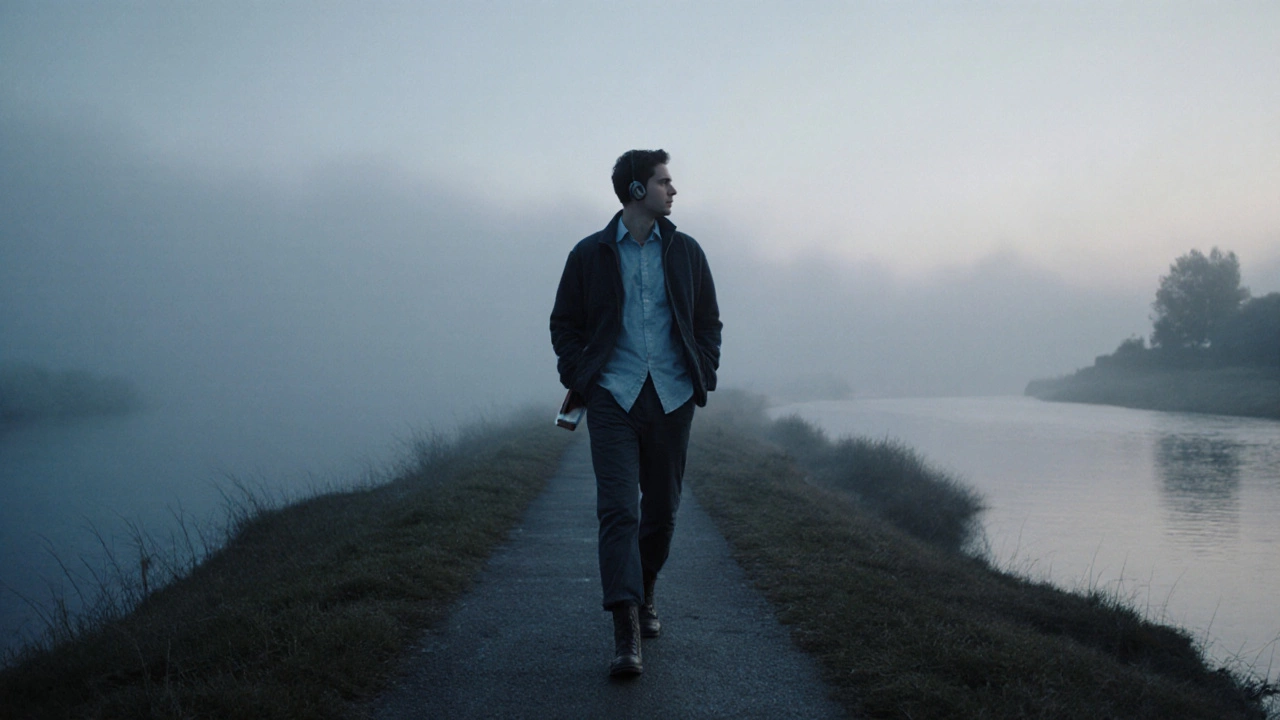 A man walking alone at dawn by a misty river, no headphones, lost in thought.