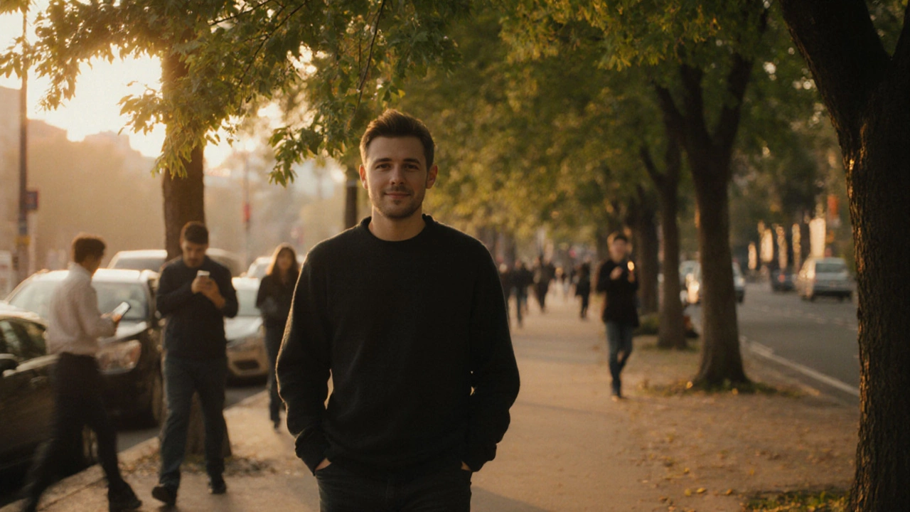 A man walking peacefully down a tree-lined path at sunset, undisturbed by the busy city around him.