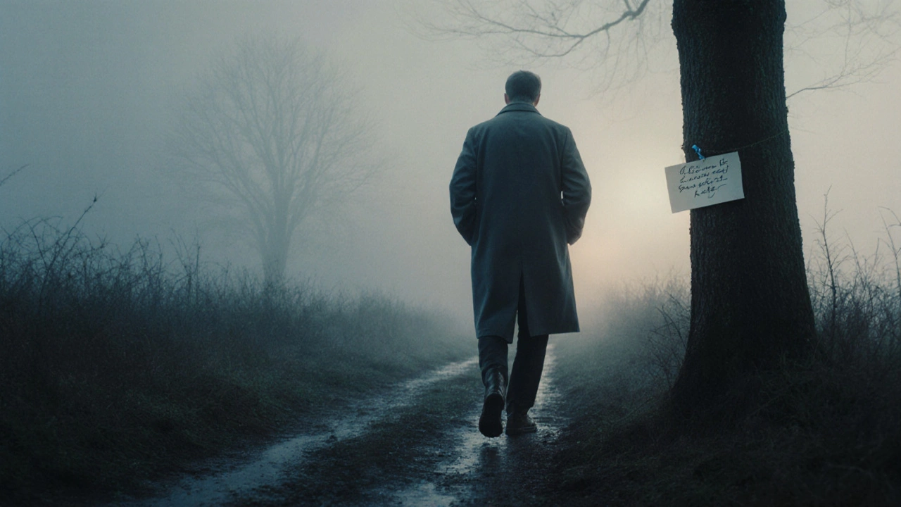 A solitary walker on a misty path at dawn, symbolizing quiet integrity and inner conviction.