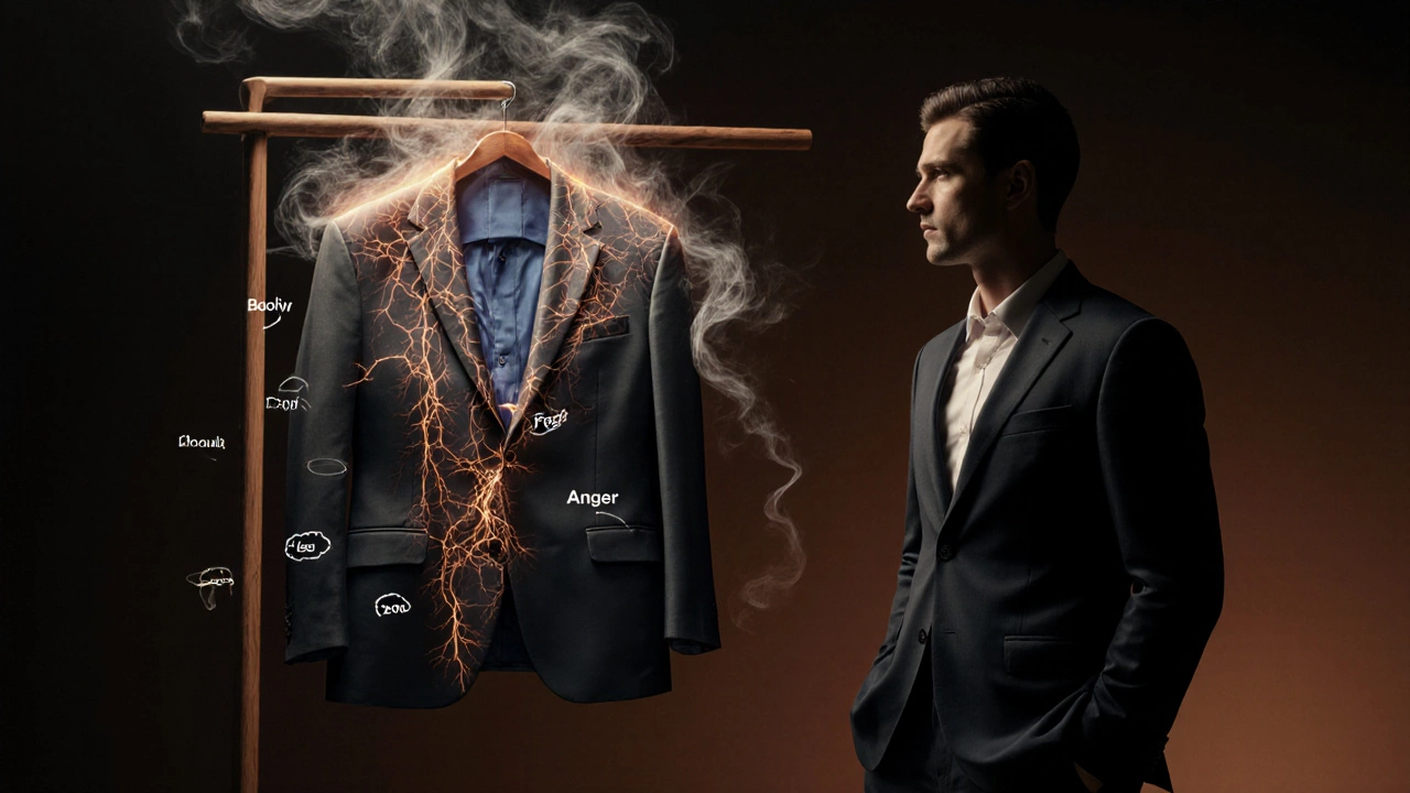 A tailored suit symbolizing the mind, with thoughts drifting away as the observer stands calm.