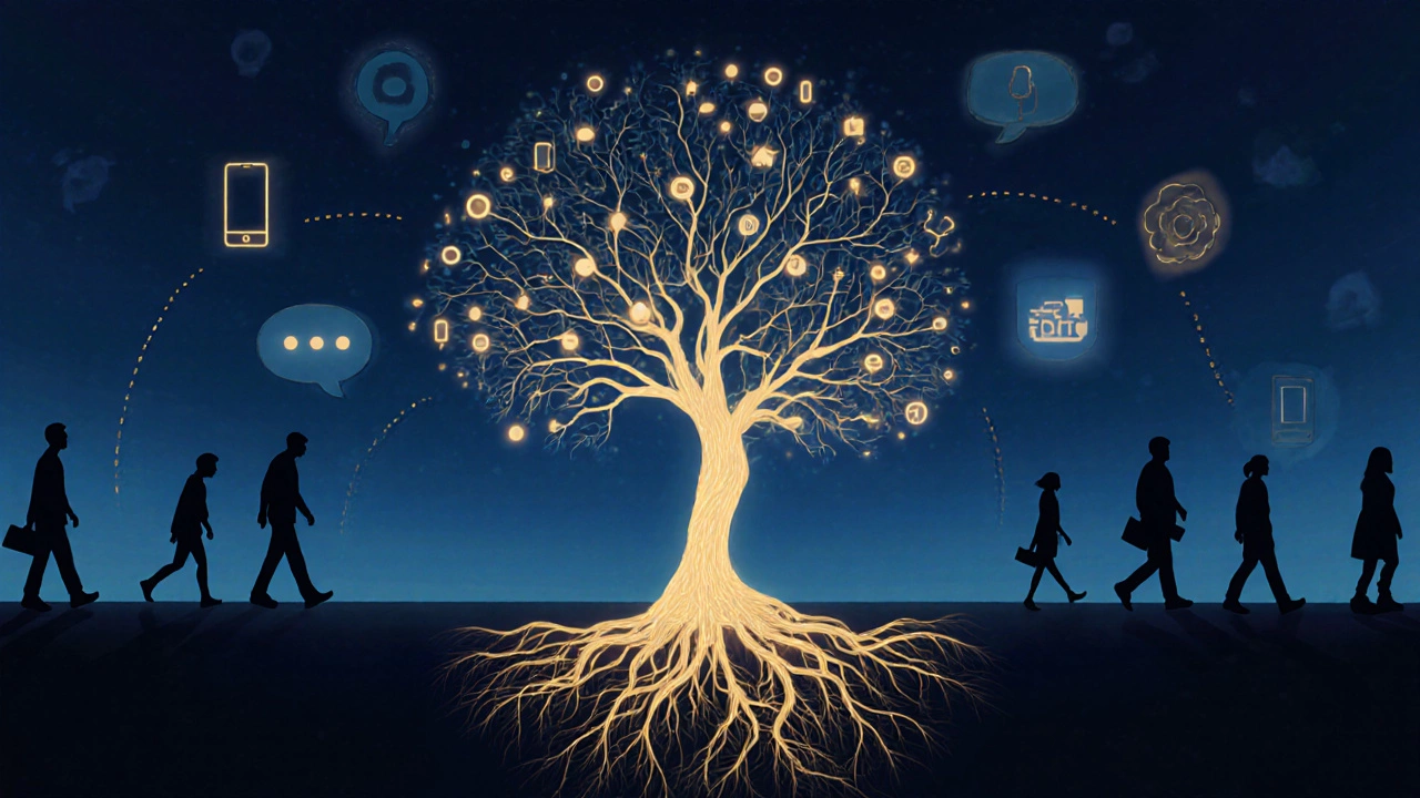 An abstract tree with ritual roots and neural branches, surrounded by fading digital distractions.