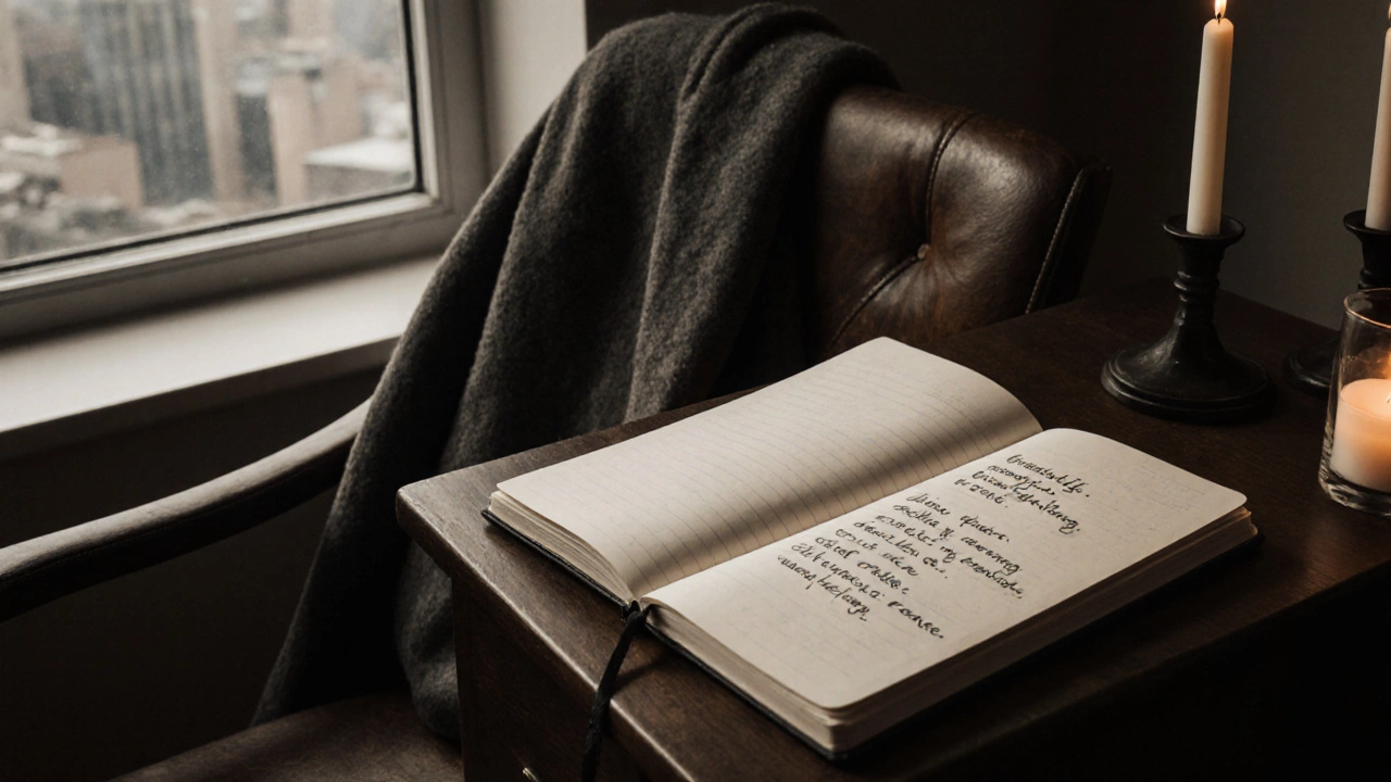An open journal by candlelight with handwritten reflections, showing a quiet evening ritual of self-awareness.